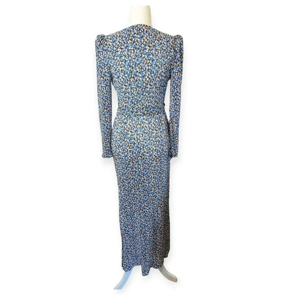 Saylor Ditsy Floral Midi Dress Blue Deep V-Neck High Slit Long Sleeves - Picture 3 of 14